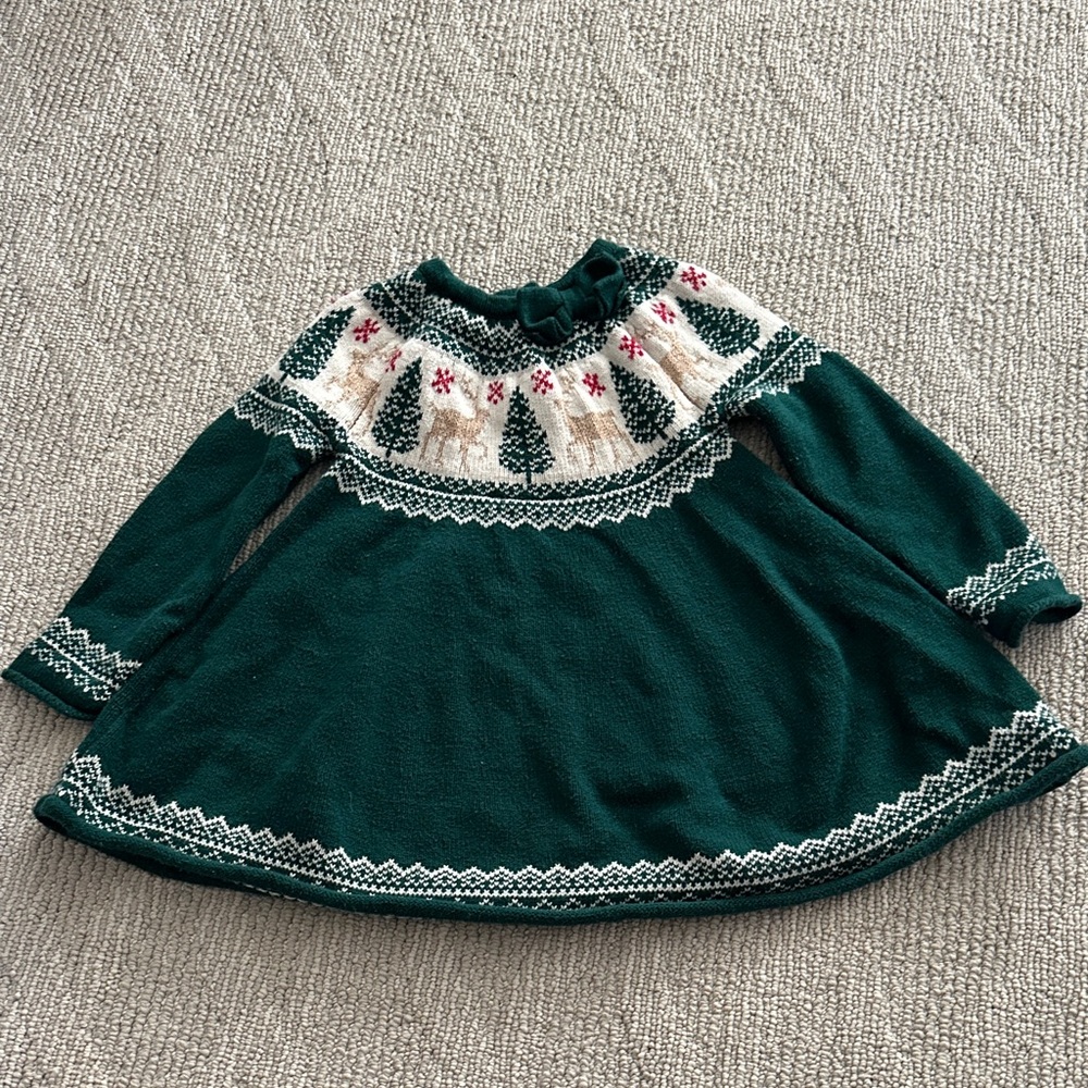 Tahari Holiday Knit Dress featuring a Nordic design with reindeer and trees.